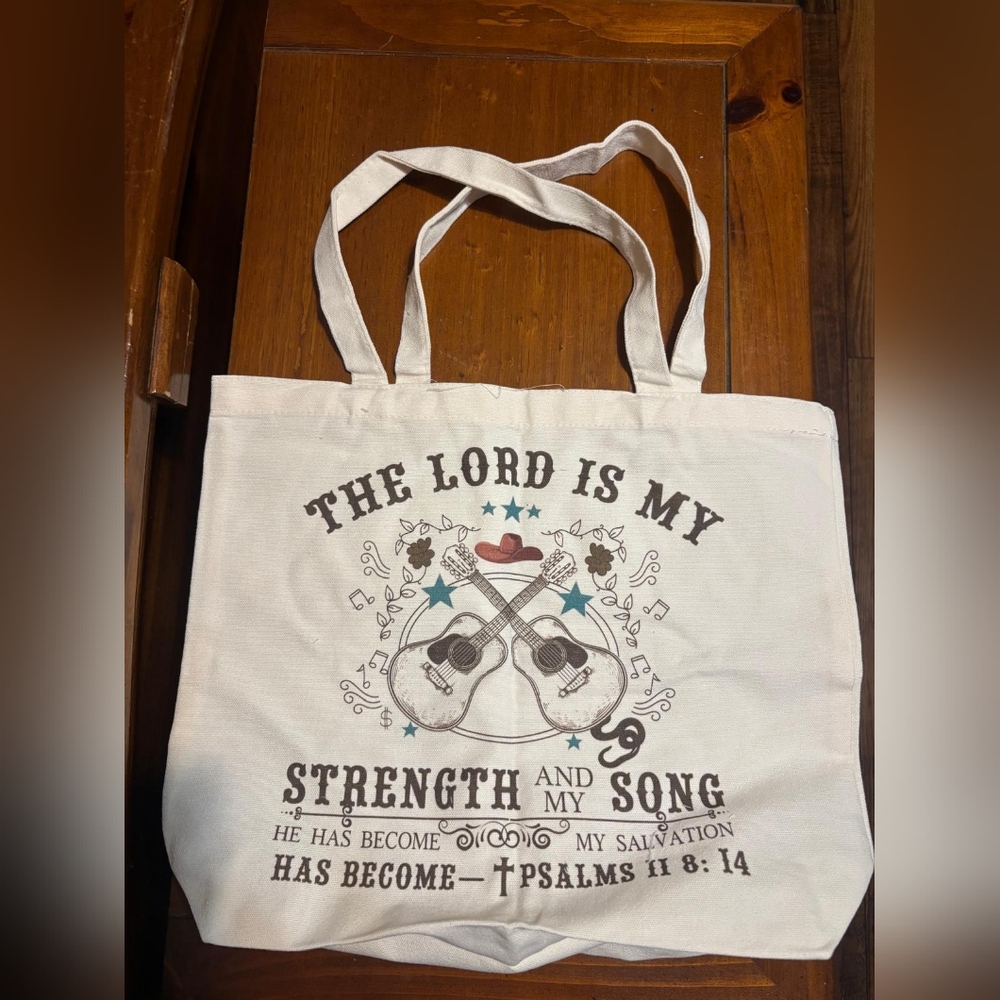 White Open Tote Bag with Guitar and Psalm Design - Picture 3 of 3